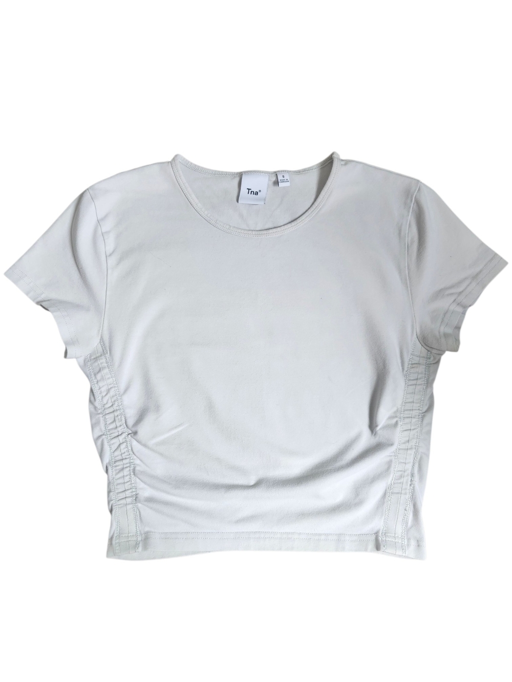 TNA Aritzia White Ruched Side Crop T-Shirt